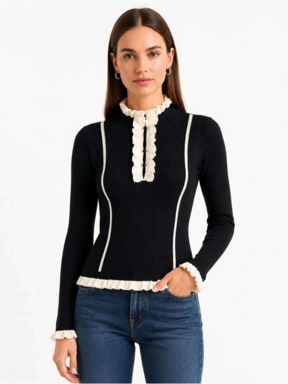Cabi Elegant Black Knit Sweater with Contrasting White Ruffled Trim and Piping